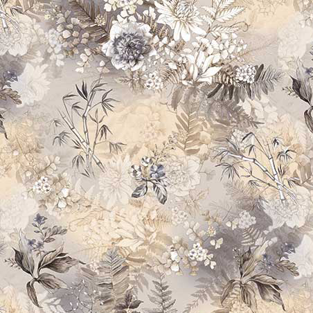 Voksdug med blomster i grå nuancer -  140cm bred